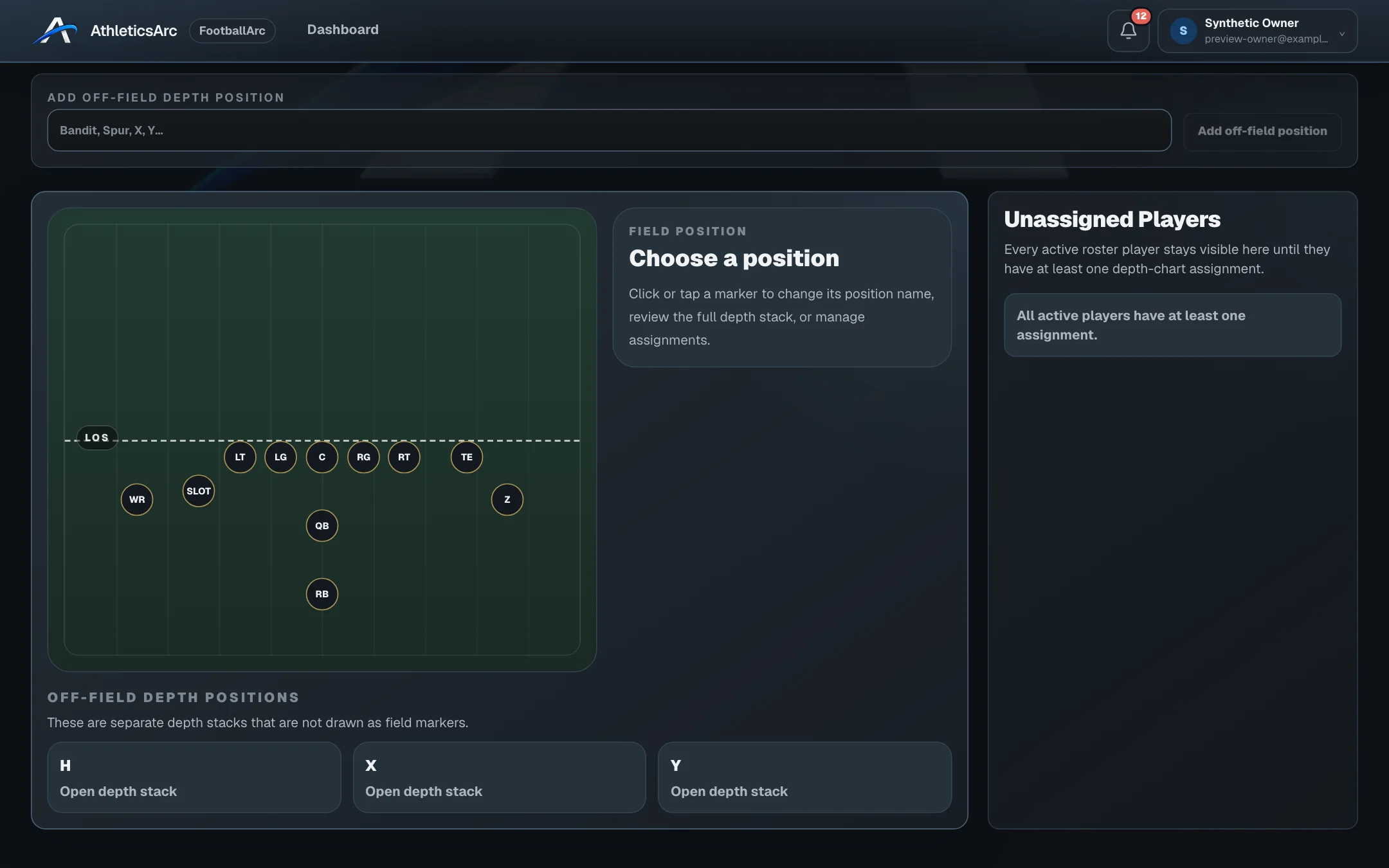 FootballArc depth chart showing all eleven offensive positions: LT, LG, C, RG, RT, TE, WR, SLOT, Z, QB and RB