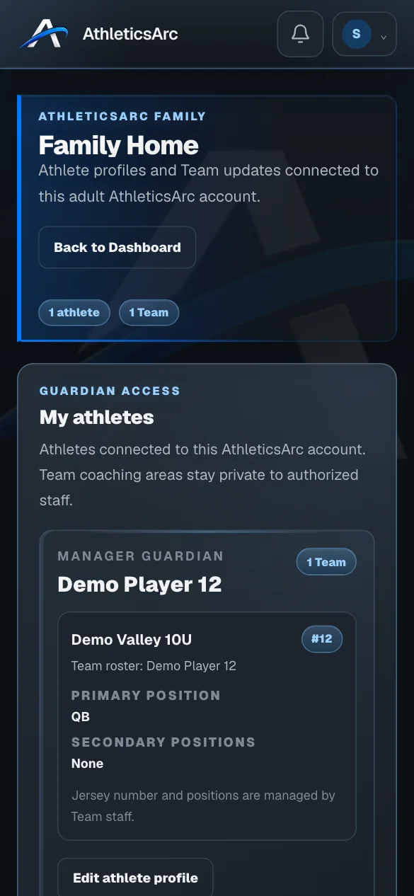 AthleticsArc Family Home on mobile showing a connected athlete and team updates