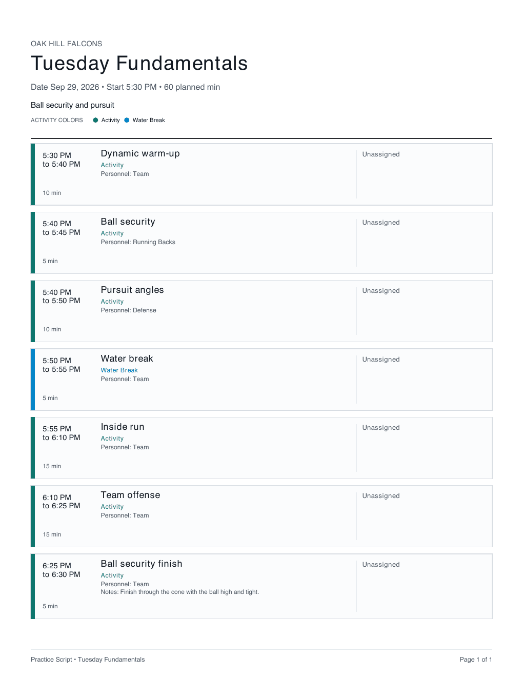 Printed practice schedule listing times, groups and activity notes