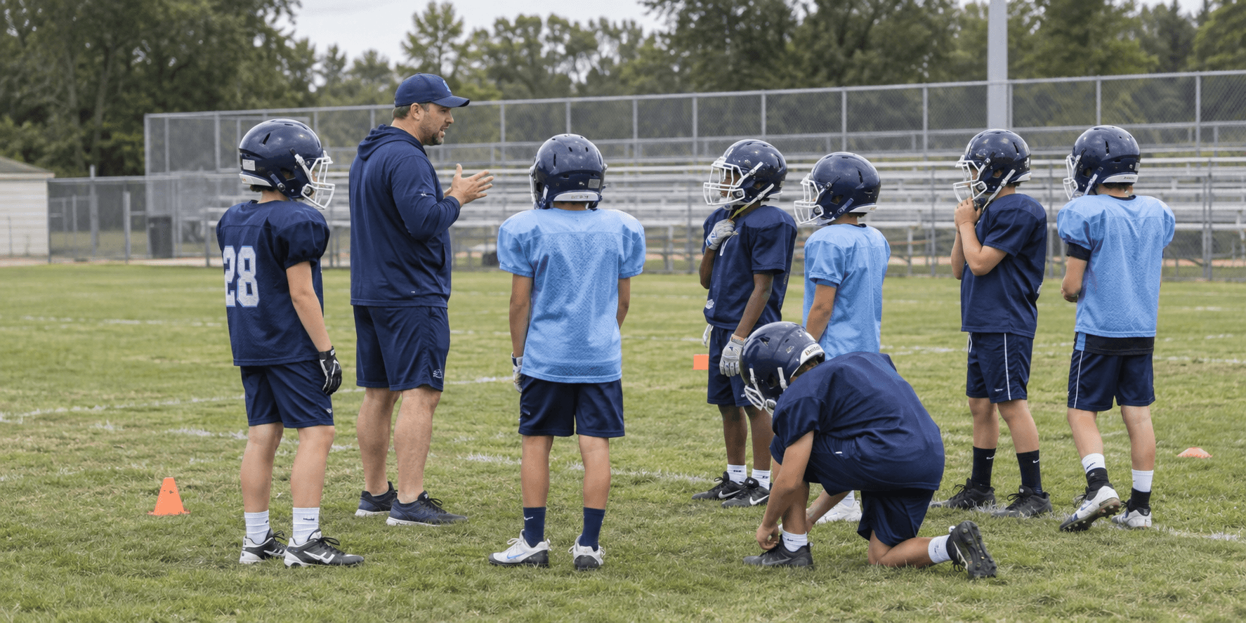 Illustrative youth football practice with a volunteer coach and players